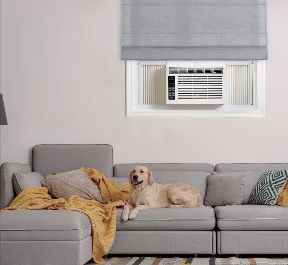 Whirlpool WHAW061CW 6,000 BTU Air Conditioner with Dehumidifier, 115V, Window AC 250 Sq. Ft, Living Room, Bedroom, or Kitchen, with Remote Control, Digital Display, and 24H-Timer, Bright White