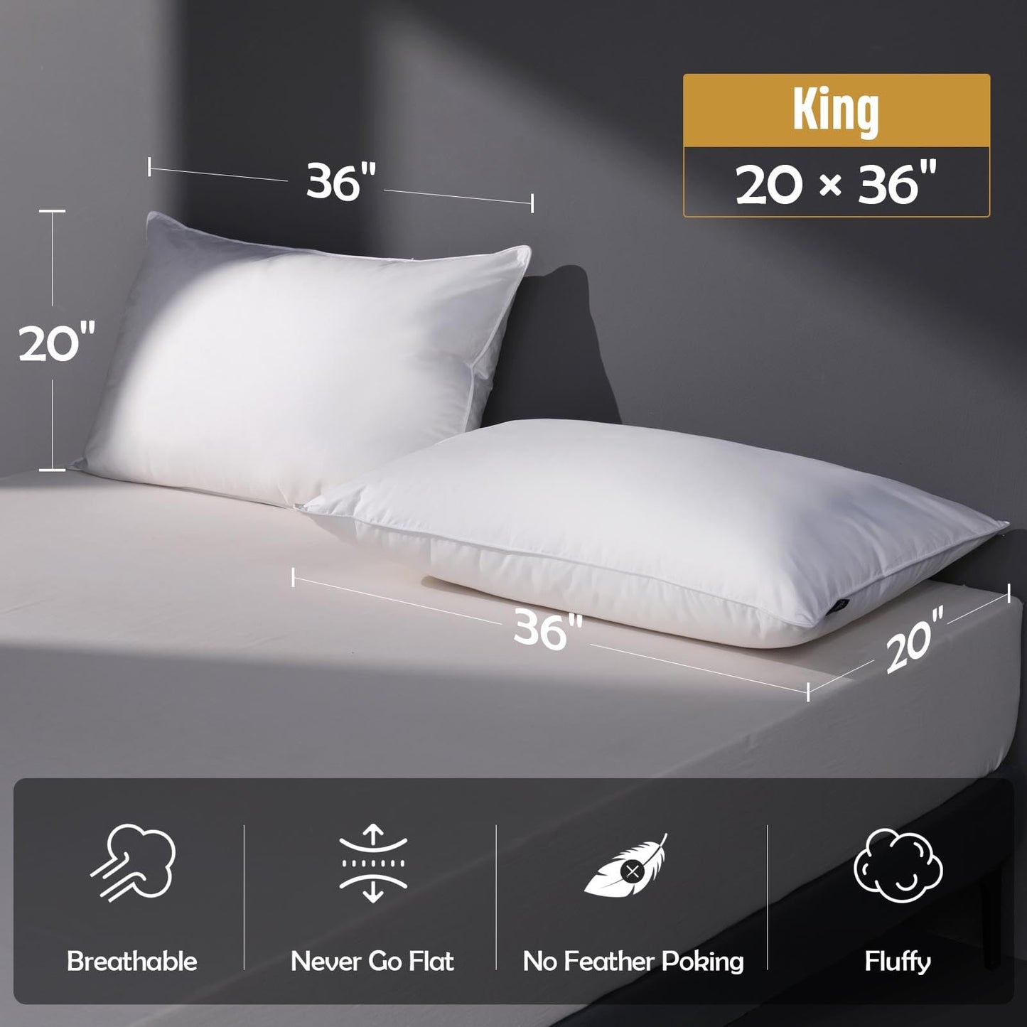 DOWNSTORIA Luxury Feather Down Pillow King Size Set of 2 Pack, 100% Cotton Hotel Collection Bed Pillows for Sleeping, Down Surrounded Soft Medium Firm Pillows for Side Back Stomach Sleepers 20" x 36"