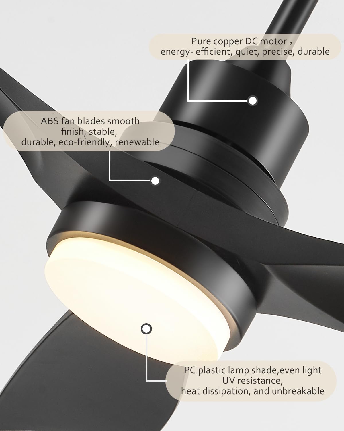 Forrovenco Ceiling Fan with Lights Remote Control, 52 Inch Black Ceiling Fans with 3 Downrods, 3 Blades, Timer, 6 Speed Modern Fan Quiet Reversible DC Motor for Patio Bedroom Outdoor/Indoor