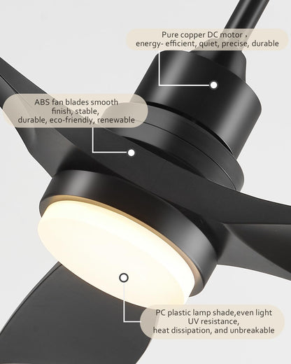 Forrovenco Ceiling Fan with Lights Remote Control, 52 Inch Black Ceiling Fans with 3 Downrods, 3 Blades, Timer, 6 Speed Modern Fan Quiet Reversible DC Motor for Patio Bedroom Outdoor/Indoor