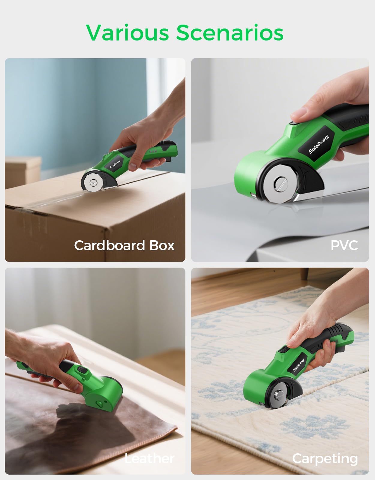 Cordless Electric Scissors, Rechargeable Cardboard Cutter, 4V Upgrade Motor Electric Box Cutter with 2 Blades, Safety Lock & LED Light, Powerful Cutting for Cardboard Box, Plastic, Leather