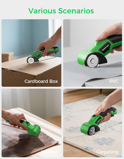 Cordless Electric Scissors, Rechargeable Cardboard Cutter, 4V Upgrade Motor Electric Box Cutter with 2 Blades, Safety Lock & LED Light, Powerful Cutting for Cardboard Box, Plastic, Leather
