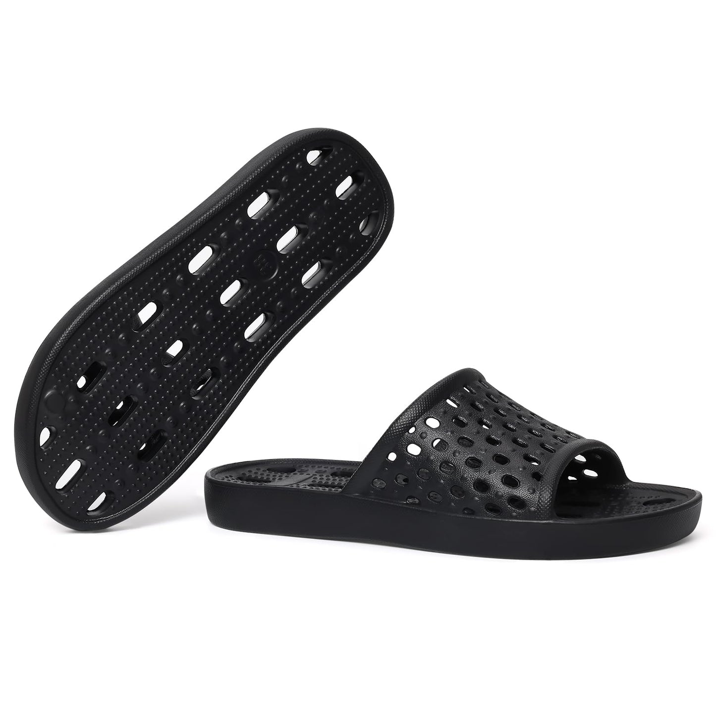 Litfun Shower Shoes for Women Non-Slip Quick Dry Shower Slippers Lightweight Pool Sandals with Drain Holes for College Dorm, Beach, Bathroom & Gym, Black 38