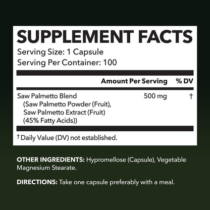 Saw Palmetto for Men Prostate Health Supplement to Promote Urinary Tract Function - 500mg Per Serving - 100 Count - DHT Blocker Hair Vitamin - Vegan, Non-GMO Capsules, Over 3 Month Supply