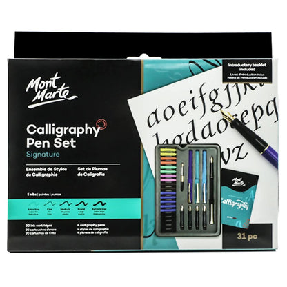 Mont Marte Calligraphy Set, 32 Piece. Includes Calligraphy Pens, Calligraphy Nibs, Ink Cartridges, Introduction Booklet and Exercise Booklet, Packaging May Vary