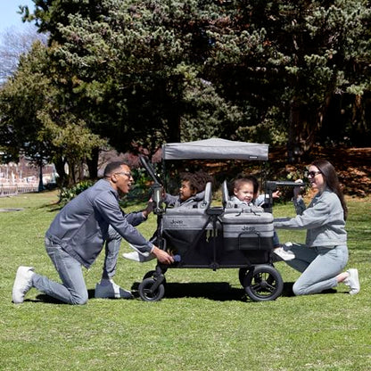 Jeep Wrangler Deluxe 4 Seater Stroller Wagon by Delta Children - Premium Quad Stroller Wagon for 4 Kids with Convertible Seats, Adjustable Push/Pull Handles, Removable Canopy & Flat Fold, Grey