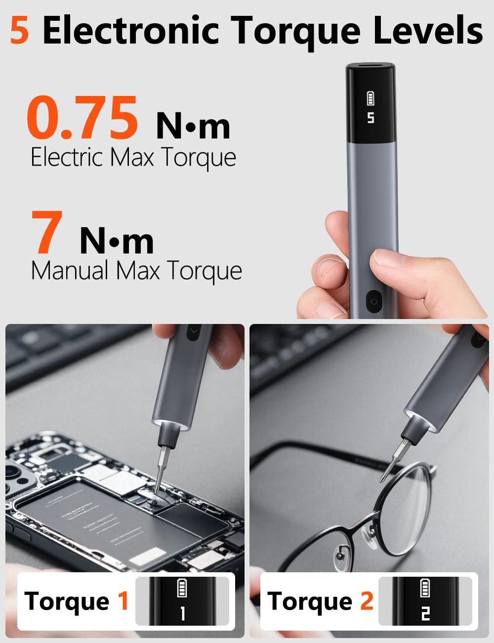 Mini Electric Screwdriver Set, Small Electric Precision Screwdriver with 5 Torque Levels, Max 0.75N.m, 500mAh Battery, 50-in-1 Cordless Power Screwdriver Kit for Laptop, Phone & Electronics Repair