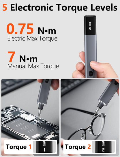 Mini Electric Screwdriver Set, Small Electric Precision Screwdriver with 5 Torque Levels, Max 0.75N.m, 500mAh Battery, 50-in-1 Cordless Power Screwdriver Kit for Laptop, Phone & Electronics Repair