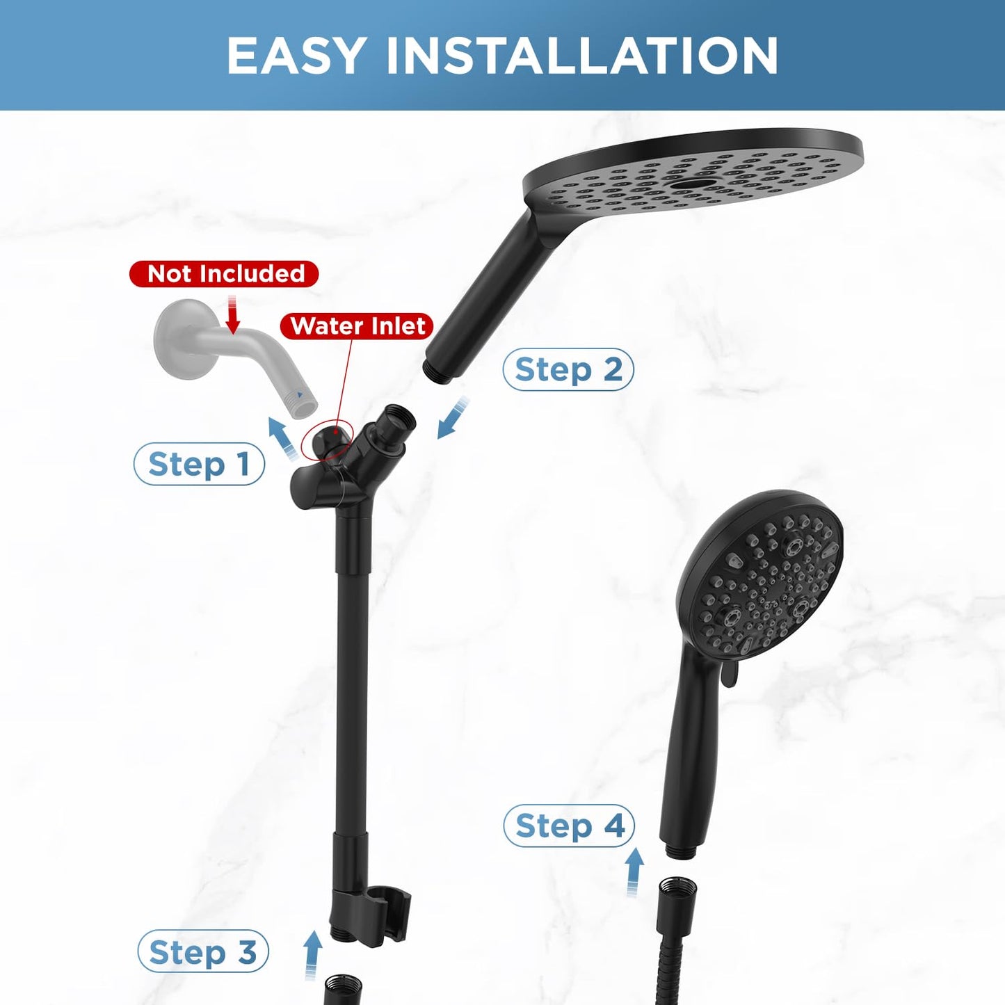 MakeFit Dual Handheld Shower Head Combo, 2-in-1 Rain Shower Heads System 8 Inch Rainfall Shower Head and 10 Modes High Pressure Hand Held Showerhead with Built-in Power Wash