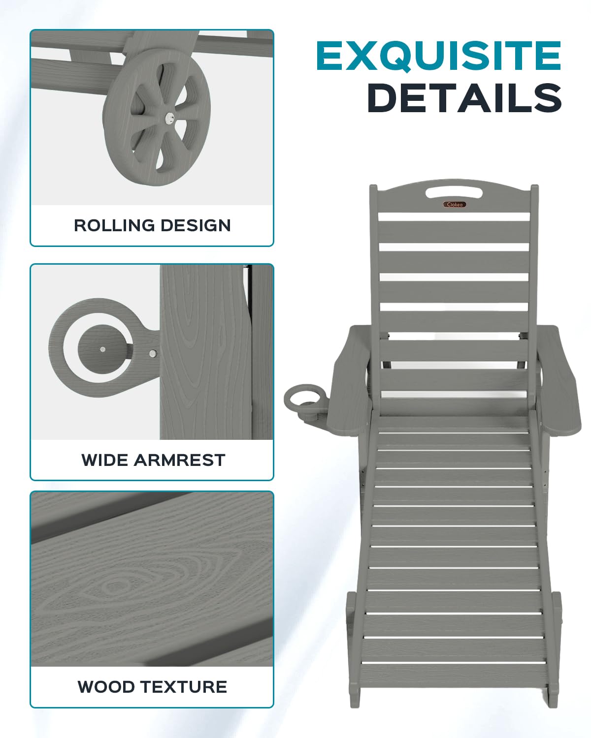 Lounge Chair Outdoor, Oversized Chaise Lounge Chair with 5 Positions, HDPE, Patio Lounge Chair with Wheels & Cup Holder for Pool, Deck, Poolside, Grey