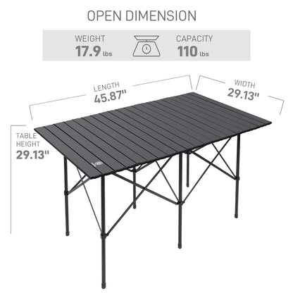 EVER ADVANCED Camping Table, Fold up Lightweight, 4-6 Person Portable Roll up Aluminum Table with Carry Bag for Outdoor, Support Up to 110LBS, Black