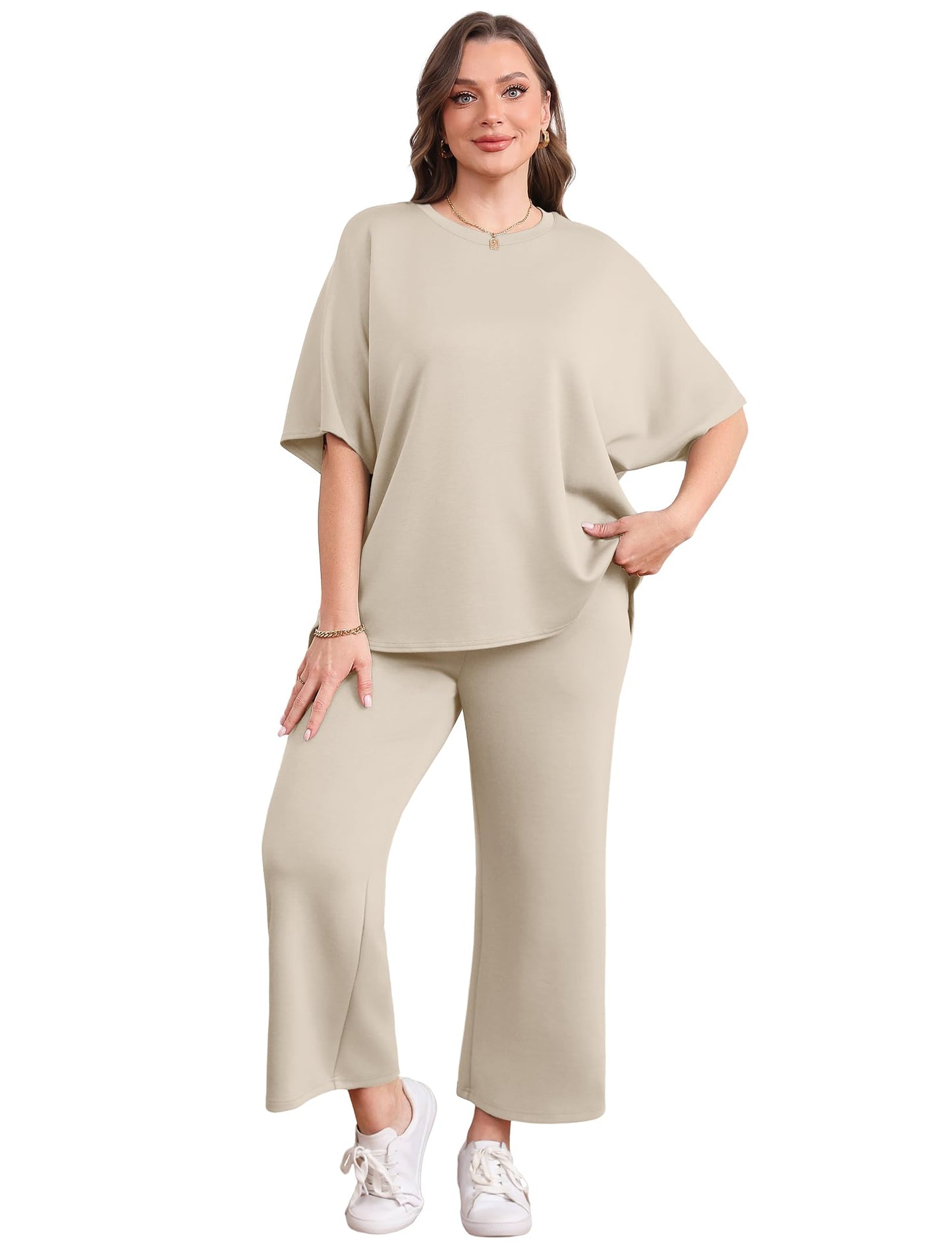 SAMPEEL 2 Piece Sets for Women Summer School Teachers Outfits Lounge Beach Vacation Clothes Women Fashion Clothing Travel Teacher Outfits Beige M