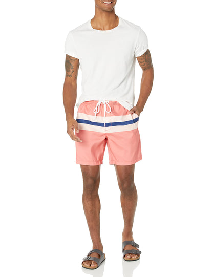 Amazon Essentials Men's 7" Quick-Dry Swim Trunk, Blue Coral Pink Stripe, Large