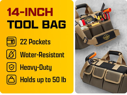The Ryker Heavy Duty Tool Bags for Men/Women. 14 Inch Small Wide Mouth Mechanic/plumber/Contractor/Electrician Tool Bag Organizer 22Pockets Soft Portable Tools Bags Organizer Toolbag for plumbing