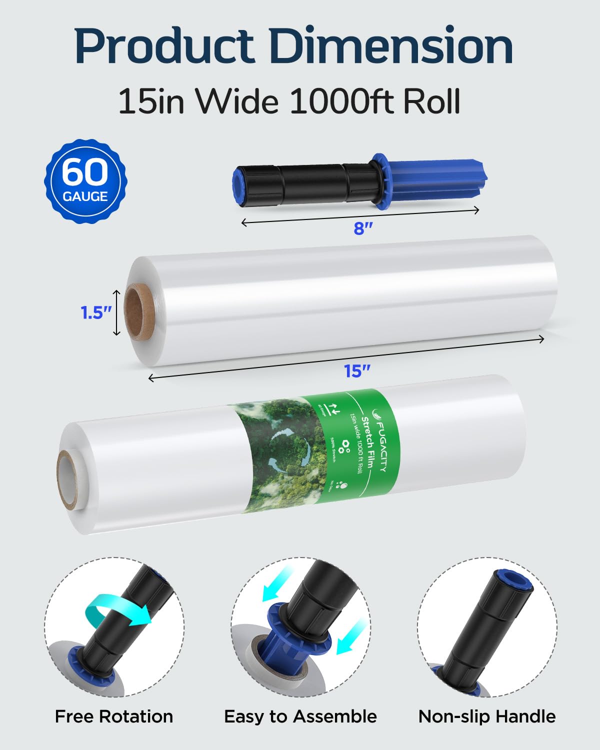 FugaCity Stretch Wrap Film-15 Inch 1000 ft 60 Gauge Shrink Wrap for Pallet Wrapping, Industrial Strength 1 Roll Pallet Wrap with Handles, Moving Supplies Plastic Wrap Roll, 500% Stretch, Transparent