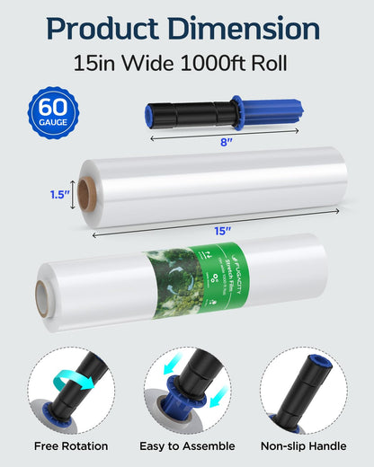 FugaCity Stretch Wrap Film-15 Inch 1000 ft 60 Gauge Shrink Wrap for Pallet Wrapping, Industrial Strength 1 Roll Pallet Wrap with Handles, Moving Supplies Plastic Wrap Roll, 500% Stretch, Transparent