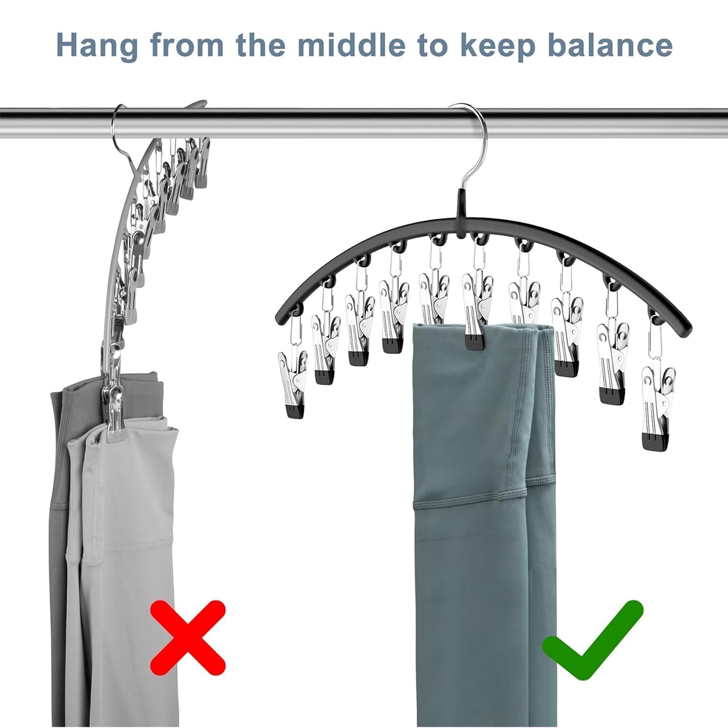 Volnamal Legging Organizer for Closet, Metal Yoga Pants Hangers 2 Pack w/10 Clips Holds 20 Leggings, Space Saving Hanging Closet Organizer w/Rubber Coated Closet Organizers and Storage, Black