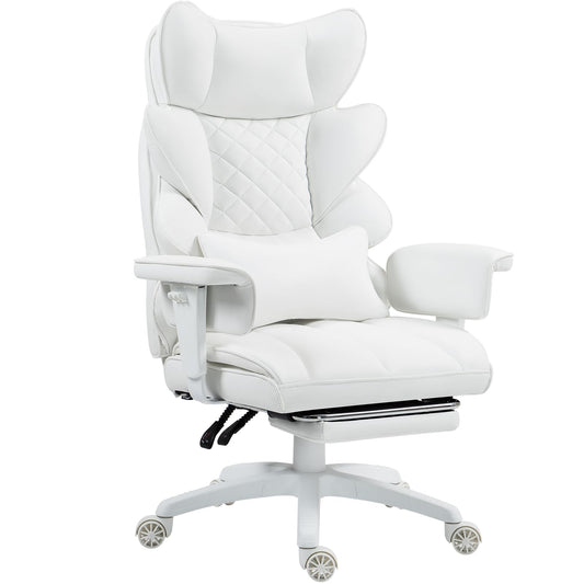 Dowinx Big and Tall Office Chair with Pocket Spring Cushion and Lumbar Support,High Back Computer Gaming Chair with Adjustable Armrests,Executive Desk Chair with Footrest,(PU Leather, White)