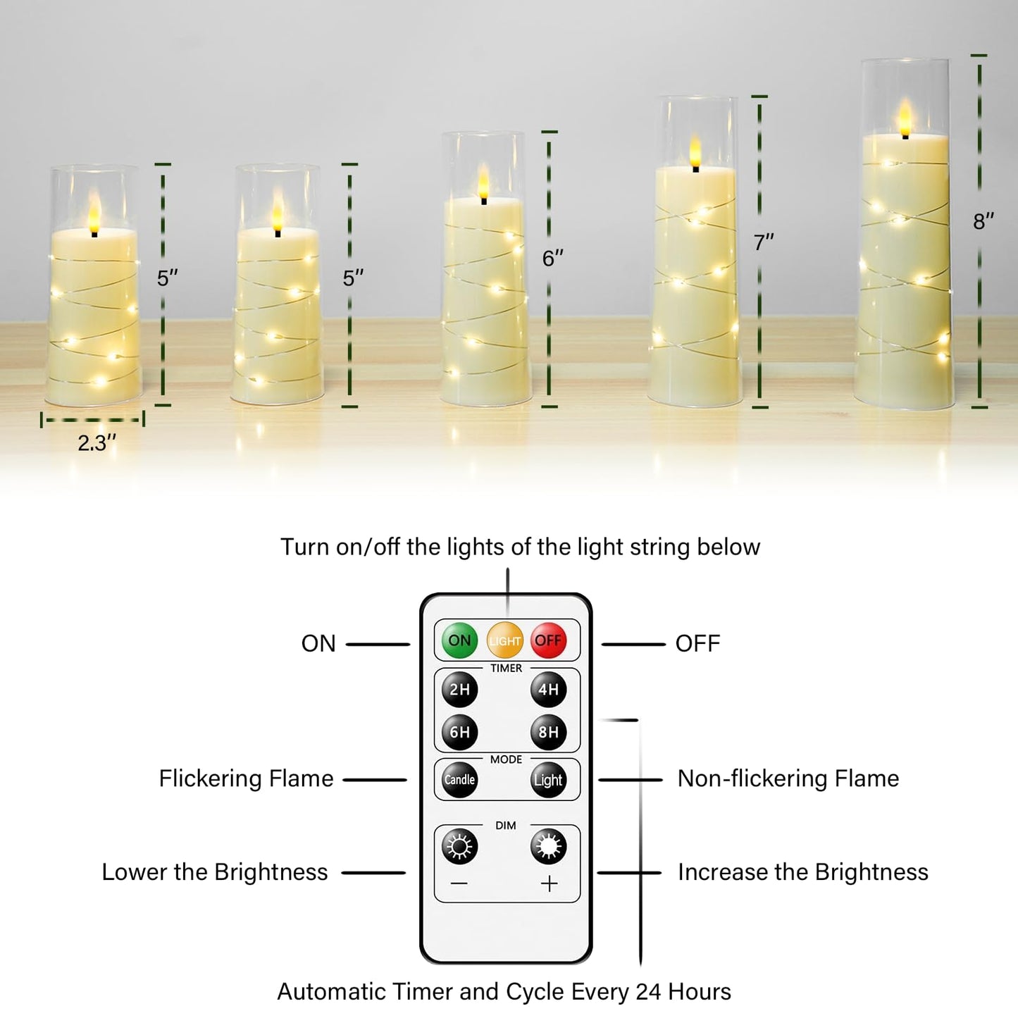 kakoya Flameless LED Candles with Timer 5 Pc Flickering Flameless Candles for Romantic Ambiance and Home Decoration Stable Acrylic Shell,with Embedded Star String，Battery Operated Candles（Ivory）