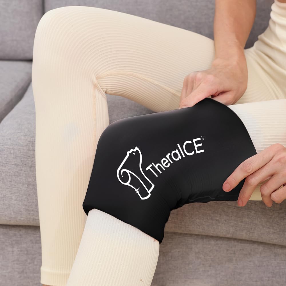 TheraICE Knee Ice Pack Wrap Compression Sleeve for Injuries, Reusable Gel Cold Packs Brace also for Elbow, Ankle & Calf - Flexible Cold Wrap Recovery for Meniscus, ACL, MCL Pain Relief (L)
