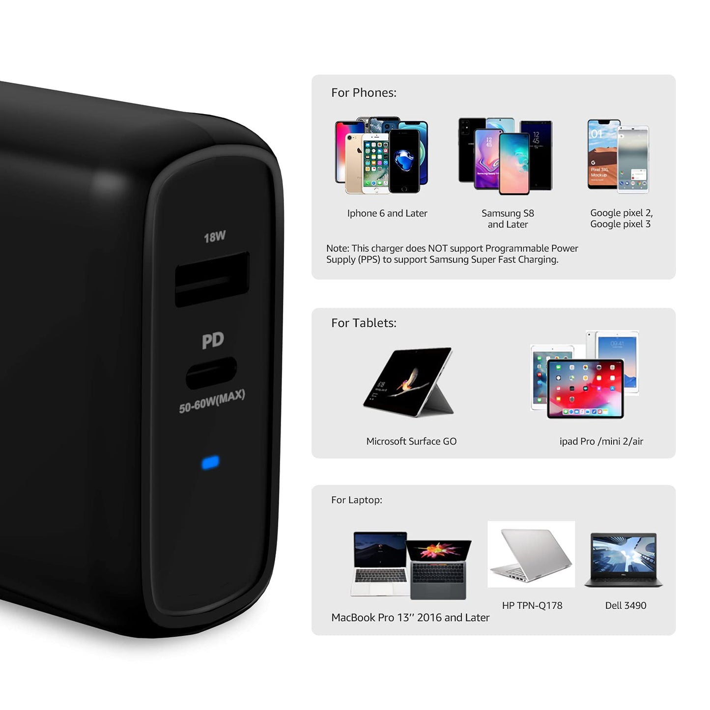 Amazon Basics 68W Two-Port GaN Wall Charger with 1 USB-C (60W) & 1 USB-A Ports (18W) with PD for Laptops, Tablets & Phones (iPhone 16/15/14/13/12/11/X, iPad, MacPro, Samsung, and more), Non-PPS, Black