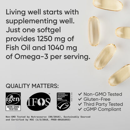 Sports Research Triple Strength Omega 3 Fish Oil - Burpless Fish Oil Supplement w/EPA & DHA Fatty Acids from Single-Source Wild Alaska Pollock - 1250 mg, 90 ct