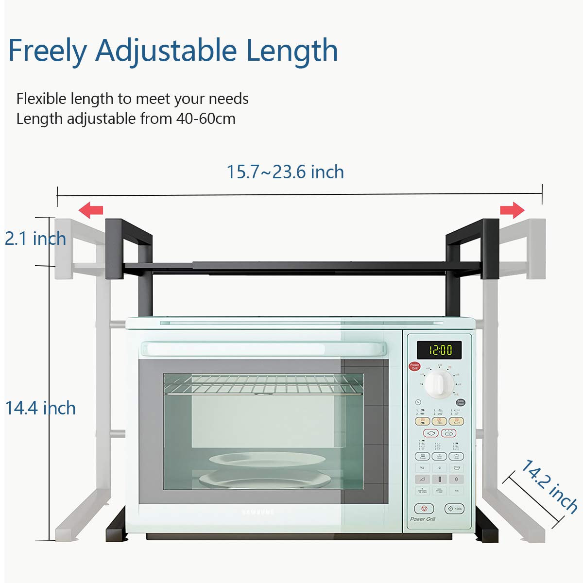 PUSDON Adjustable Carbon Steel Microwave Oven Rack, 2-Tier with 3 Hooks, 55lbs Weight Capacity, White