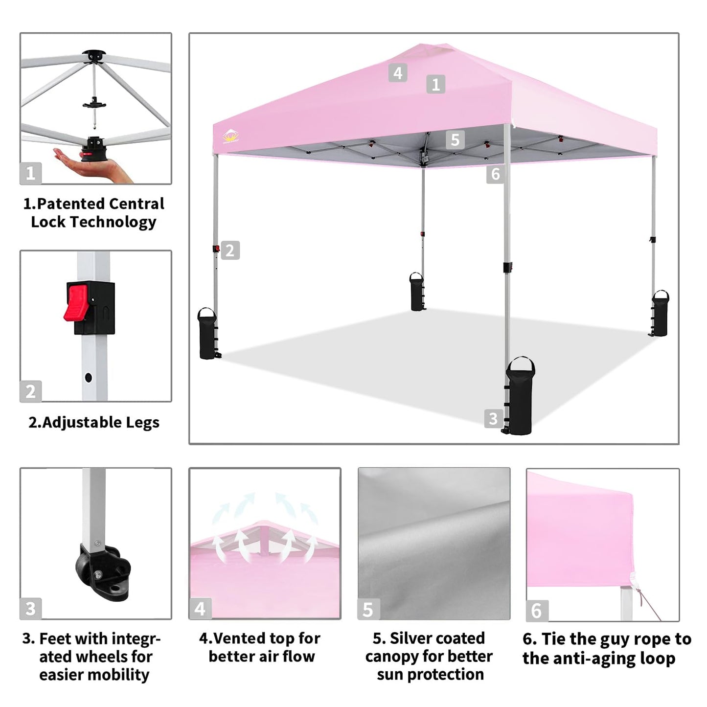 CROWN SHADES 10x10 Pop Up Canopy - Beach Tent with One Push Setup - Easy Outdoor Sun Shade for Events, Parties, Camping - Gazebo with STO-N-Go Cover Bag, Silver Coated Top, Pink