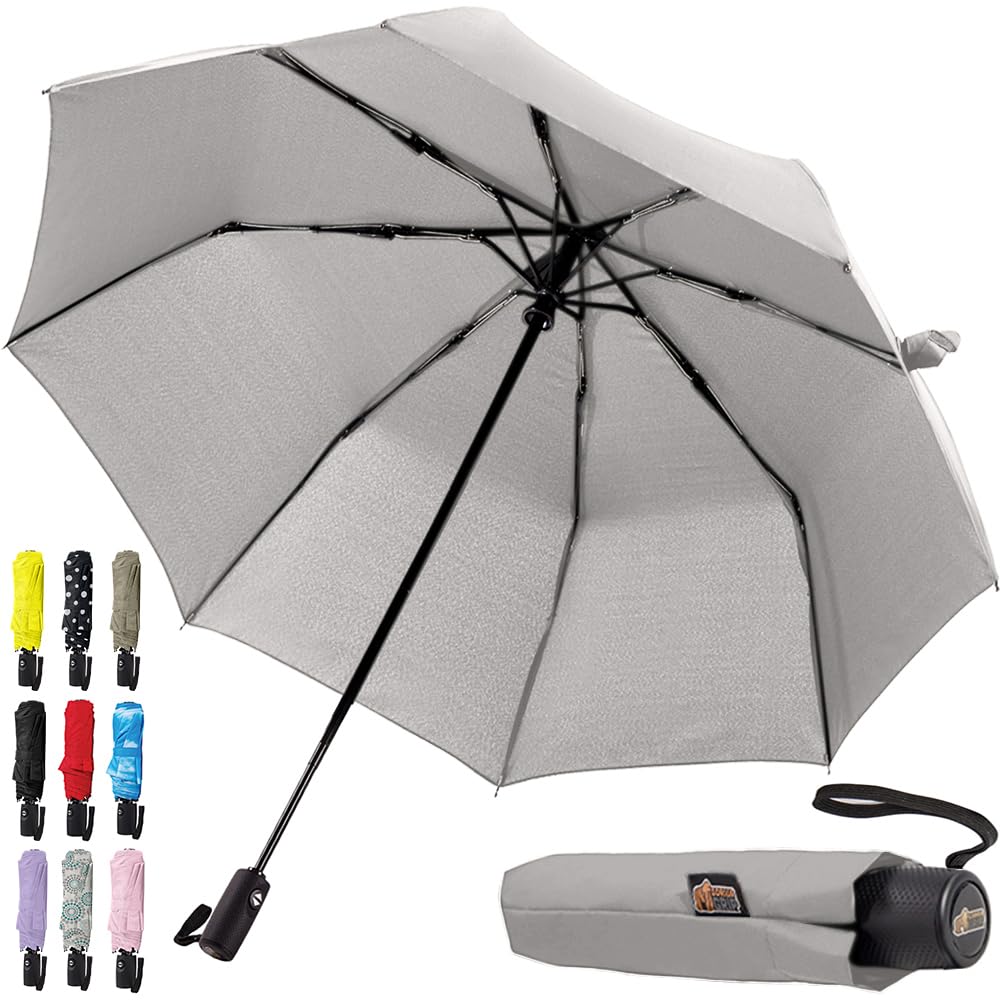 GORILLA GRIP Windproof Compact Stick Umbrella for Rain, One-Click Automatic Open and Close, Strong Reinforced Fiberglass Ribs, Easily Collapsible, Lightweight Portable Umbrellas for Travel, Gray