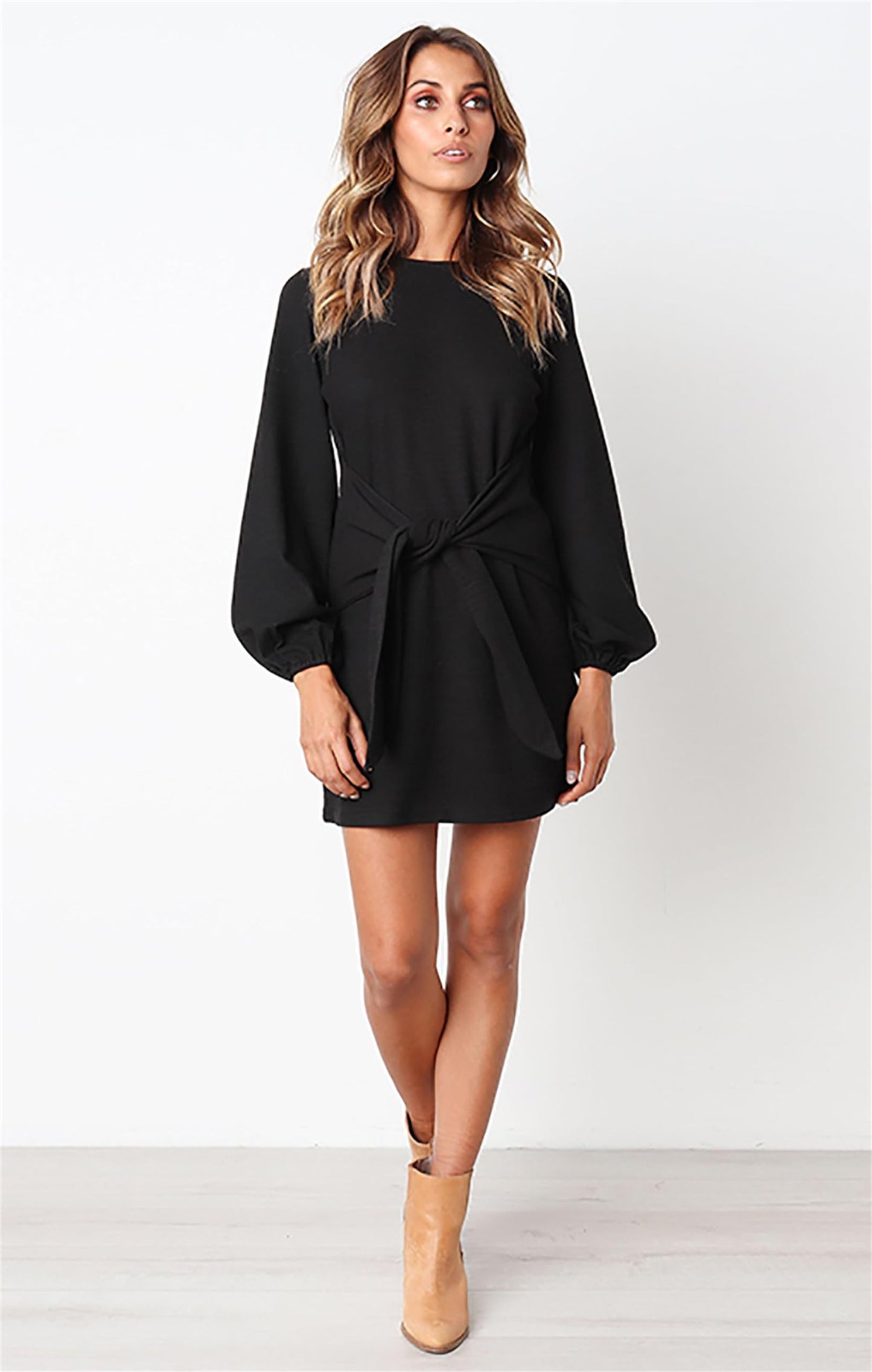 PRETTYGARDEN Women's Elegant Long Lantern Sleeve Short Dress Crewneck Tie Waist Knit Cocktail Dress (Black,Small)