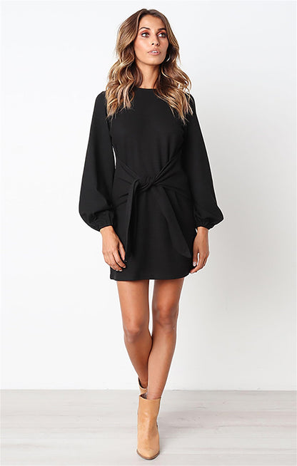 PRETTYGARDEN Women's Elegant Long Lantern Sleeve Short Dress Crewneck Tie Waist Knit Cocktail Dress (Black,Small)