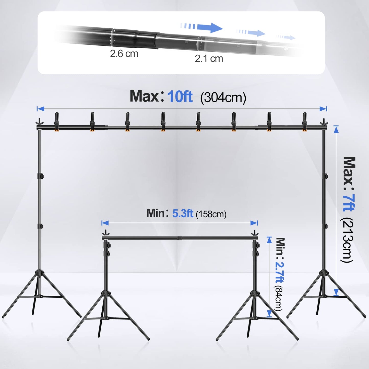 EMART Backdrop Stand 10x7ft(WxH) Photo Studio Adjustable Background Stand Support Kit with 2 Crossbars, 8 Backdrop Clamps, 2 Sandbags and Carrying Bag for Parties Events Decoration