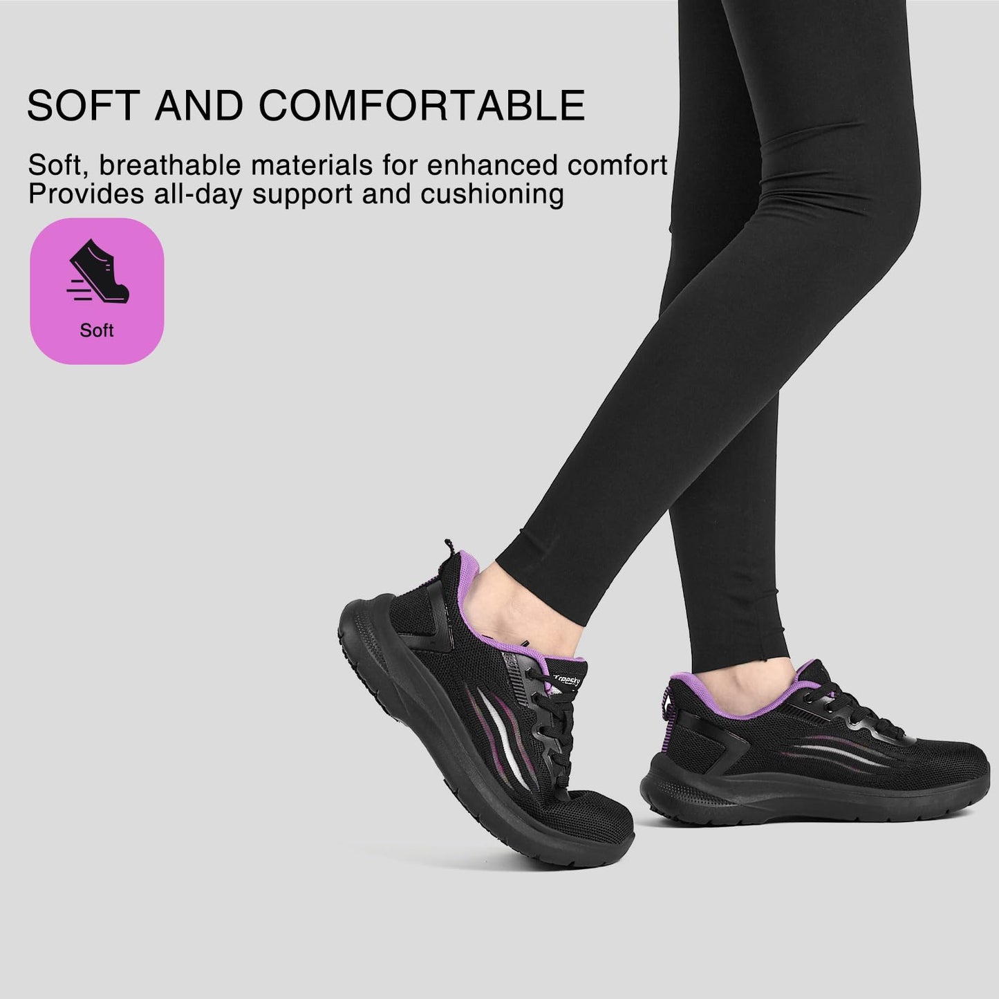Treesky Non Slip Work Shoes for Women in Food Service - Slip Resistant, Comfortable & Lightweight Sneakers, Suitable for Restaurant, Kitchen & Nursing Crews (Black & Purple, Size 7)