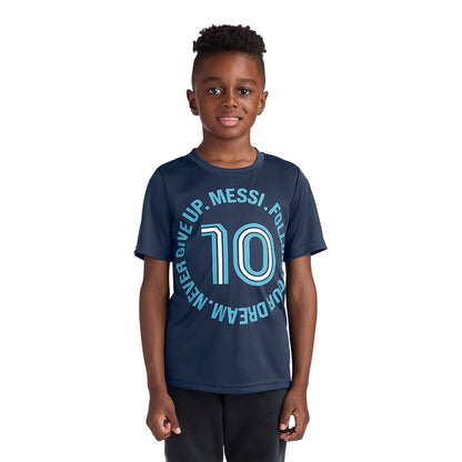 Messi Boys' Lifestyle Short Sleeve Top, Standard Shirt with Logo, Comfortable Fit, Dress Blue, 6