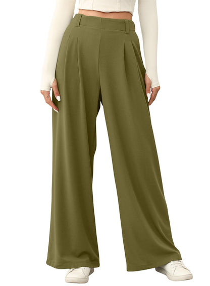 EVALESS Women's Wide Leg Pants with Pockets High Waisted Office Business Casual Dressy Plain Comfy Waffle Knit Lounge Pants for Ladies Olive Green Large