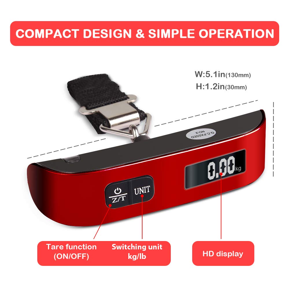 travel inspira Luggage Scale, Portable Digital Hanging Baggage Scale for Travel, Suitcase Weight Scale with Rubber Paint, 110 Pounds, Battery Included - Red