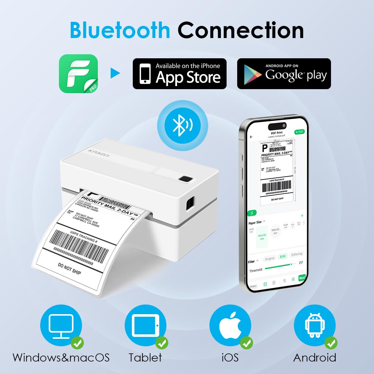KNAON Bluetooth Thermal Shipping Label Printer, 4x6 Wireless Thermal Address Label Printer for Small Bussiness, Compatible with iPhone,Android,Windows,Mac,Chromebook –Works with eBay Shopify USPS&More