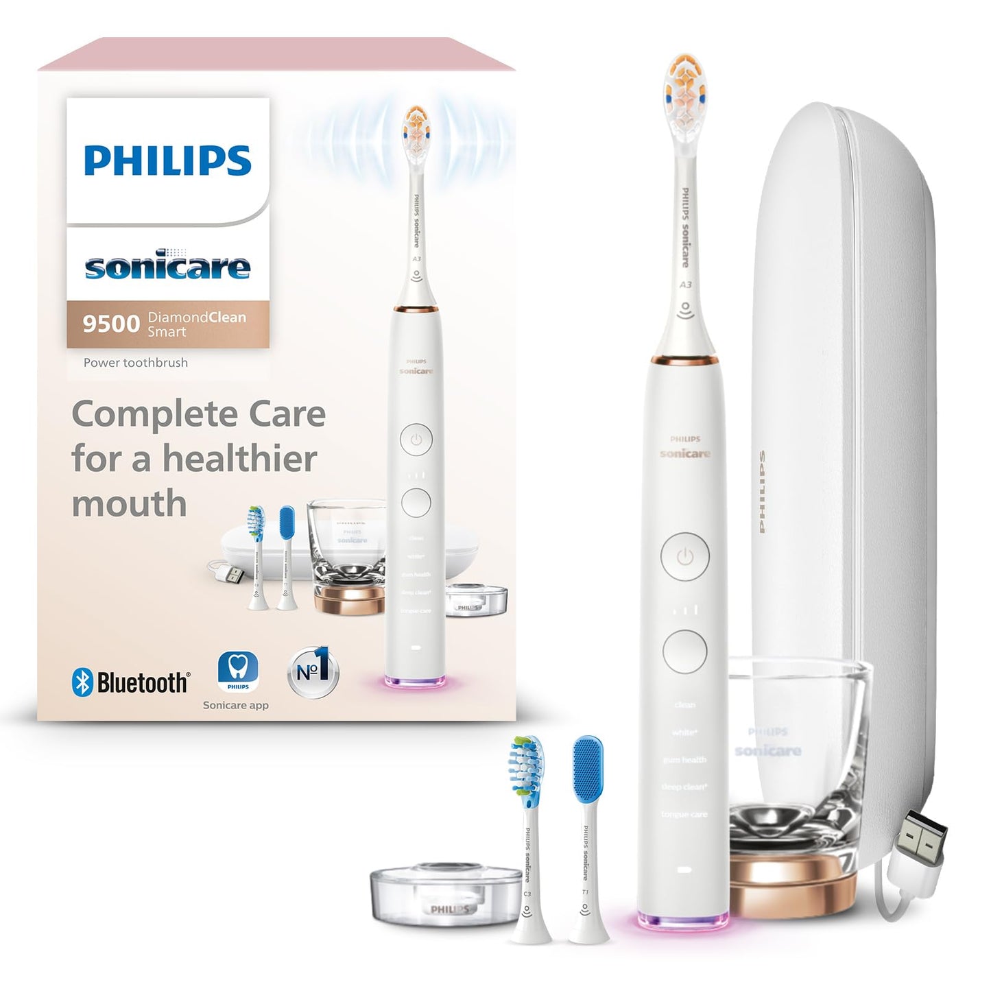 Philips Sonicare DiamondClean Smart 9500 Electric Toothbrush, Sonic Toothbrush with App, Pressure Sensor, Brush Head Detection, 5 Brushing Modes and 3 Intensity Levels, Rosegold, Model HX9923/61