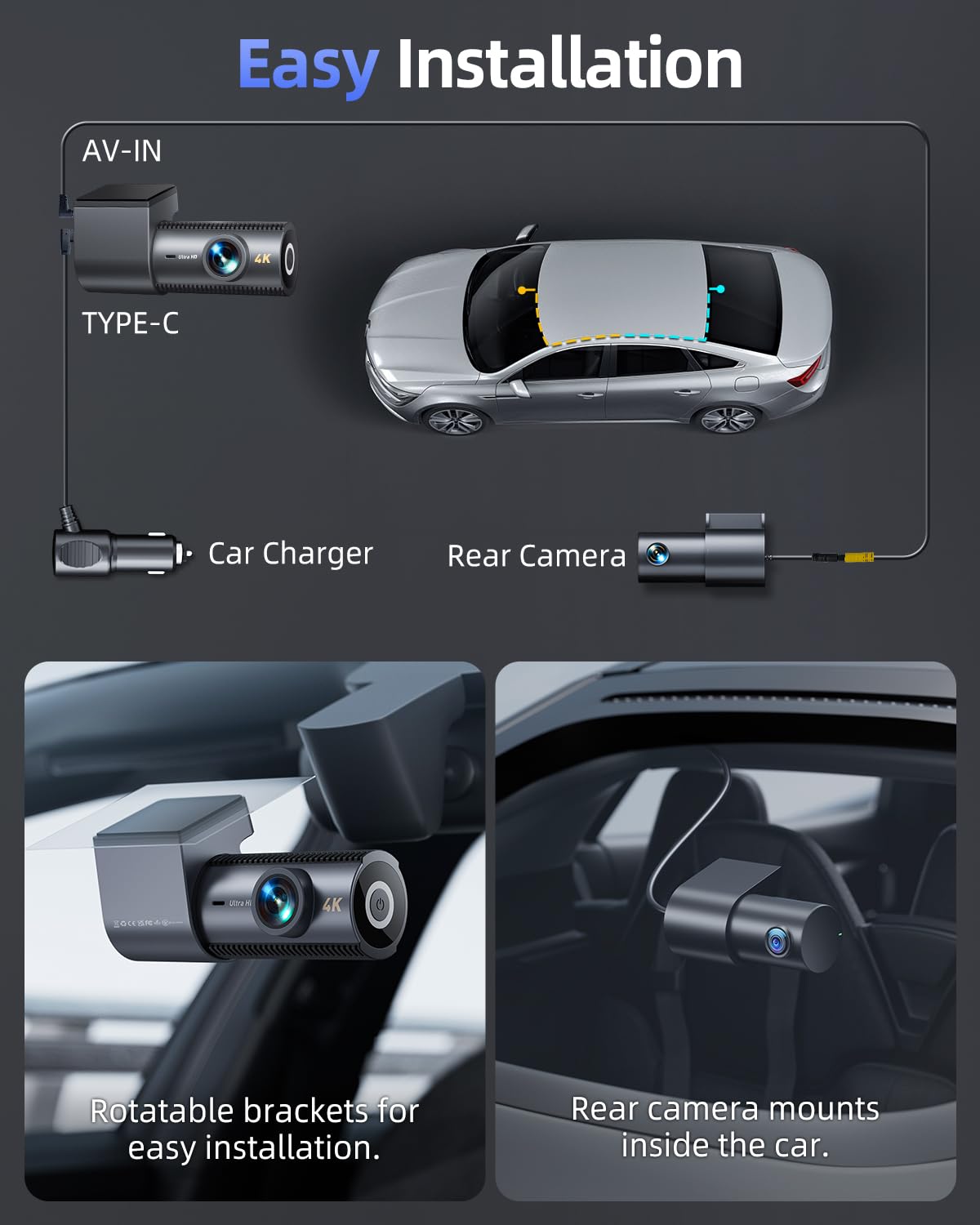 CIEVIE 4K Dash Cam Front and Rear, 64GB SD Card, 1.5” IPS Display Car Camera, 5Ghz WiFi+App Control, Night Vision, 24H Parking Mode, G-Sensor, WDR, 170° Wide Angle, 4K+1080P Dual Dash Camera for Cars