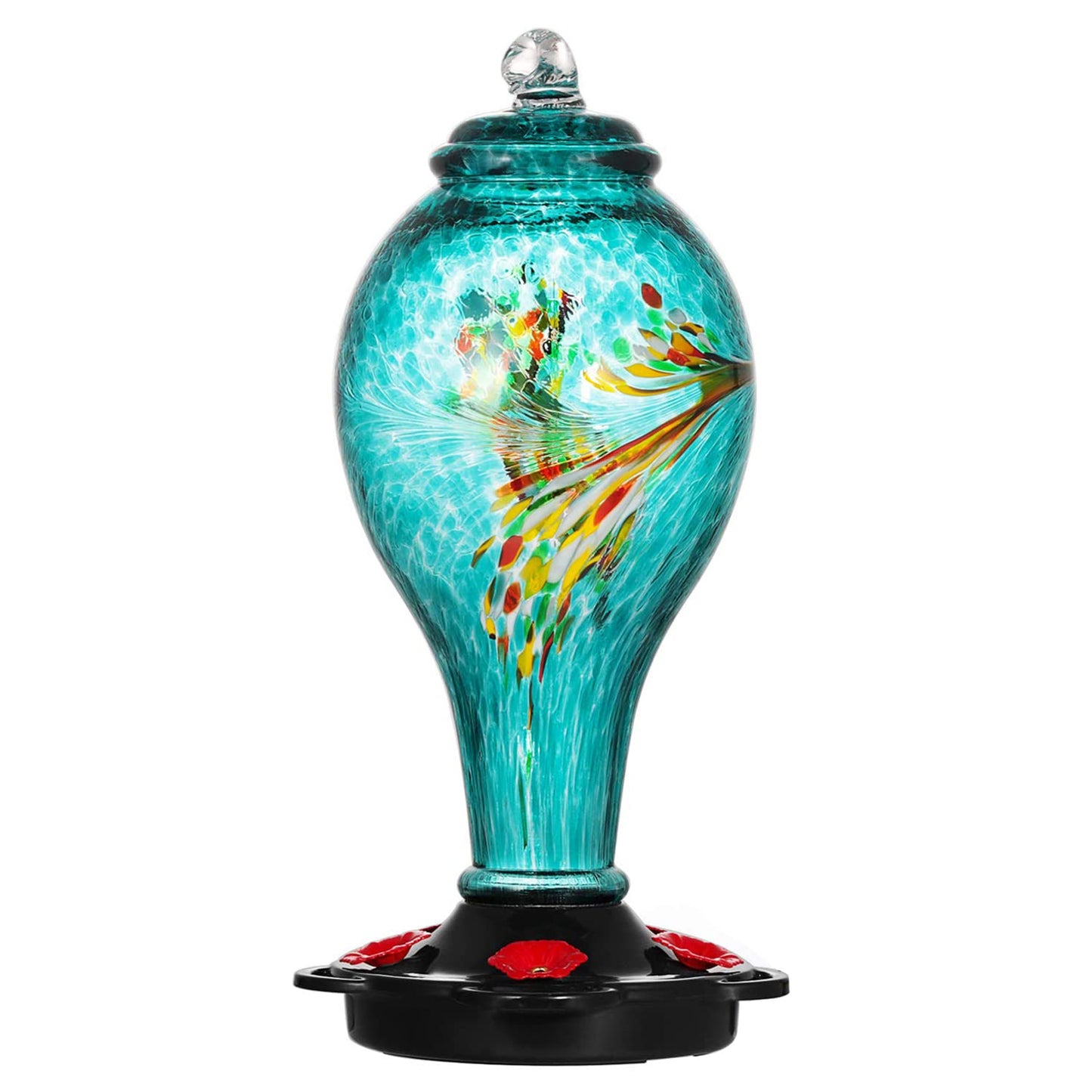 LUJII Hummingbird Feeder, Hand Blown Glass Hummingbird Feeder, Never Fade, 36 Fluid Ounces, 5 Feeding Metal Stations, Much Bigger, Garden Backyard Decorative, Containing Ant Moat (Blue)