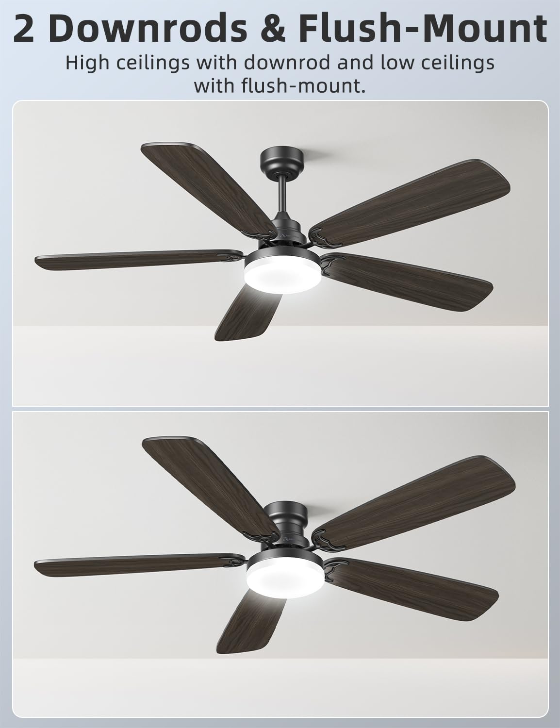 Arecovas Ceiling Fans with Lights and Remote, 52 Inch Modern Ceiling Fan with Light, Downrod & Flush Mount, Quiet DC Motor, Dual Finish 5 Blades Ceiling Fan for Bedroom Living Room Farmhouse Indoor
