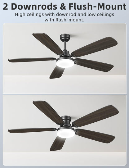 Arecovas Ceiling Fans with Lights and Remote, 52 Inch Modern Ceiling Fan with Light, Downrod & Flush Mount, Quiet DC Motor, Dual Finish 5 Blades Ceiling Fan for Bedroom Living Room Farmhouse Indoor