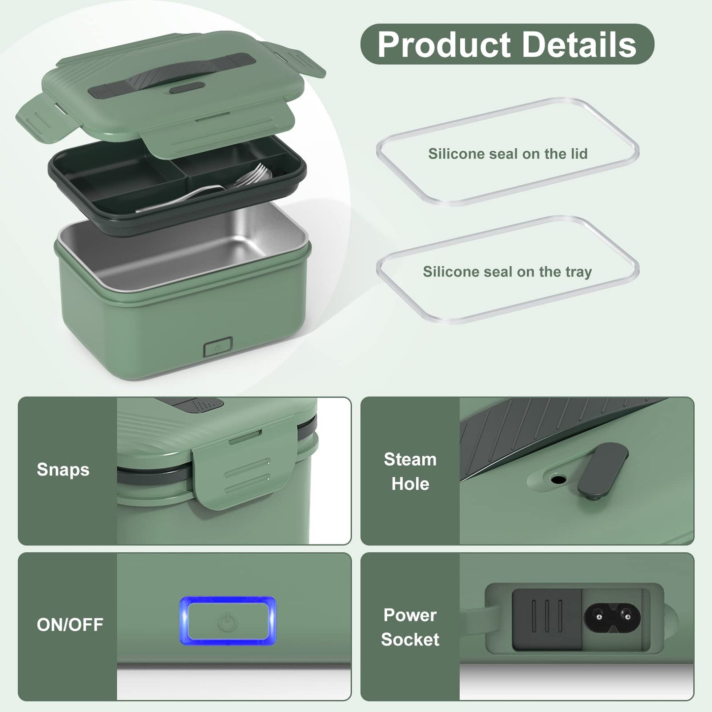 Vabaso Electric Heated Lunch Box for Adults, 100W Portable Food Warmer for Car/Truck Home/Work, Heating Lunchbox with 1.8L/61oz Stainless Steel Container, 12V/24V/110V
