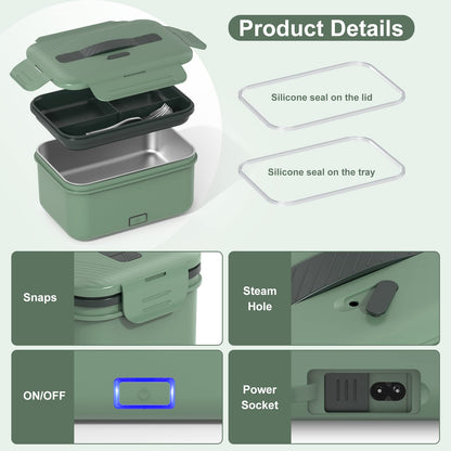 Vabaso Electric Heated Lunch Box for Adults, 100W Portable Food Warmer for Car/Truck Home/Work, Heating Lunchbox with 1.8L/61oz Stainless Steel Container, 12V/24V/110V