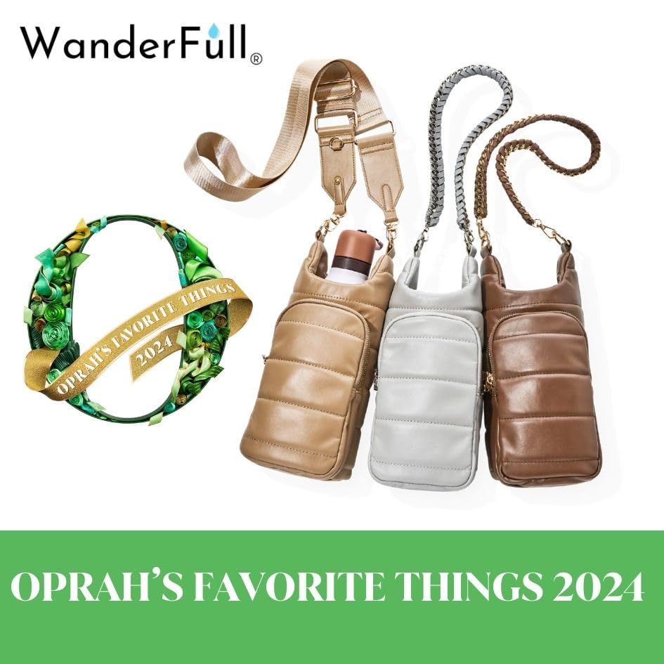 WanderFull Original HydroBag | Oprah’s Favorite Things 2024 | Vegan Leather Water Bottle Holder w/Strap Bundle | Bottle Carrier Crossbody Bag | Carry 32 oz Water Bottle, Tumbler, Phone, Purse | Ivory