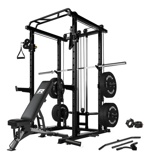 RitFit Multi-Function Garage & Home Gym Package Includes 1000LBS Power Cage PPC03 with Cable Crossover System, Weight Bench, Olympic Barbell Weight Set, Full Body Workout-BLK,Bumper Plate 230lbs