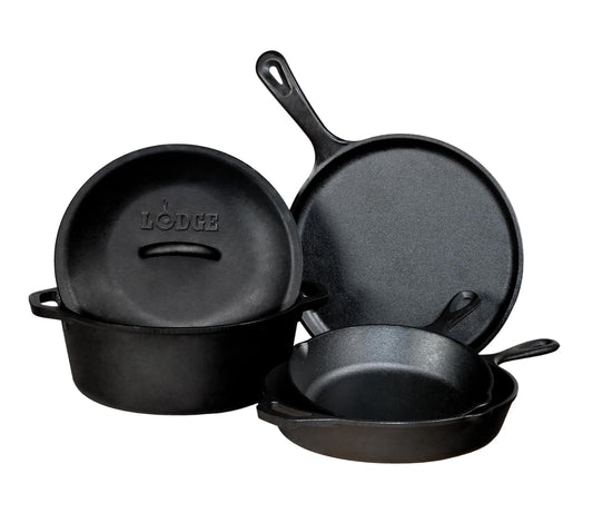 Lodge Seasoned Cast Iron 5 Piece Bundle. 10.5" Griddle, 8" Skillet, 10.25" Skillet, 10.25" Dutch Oven, and 10.25" Lid,Black