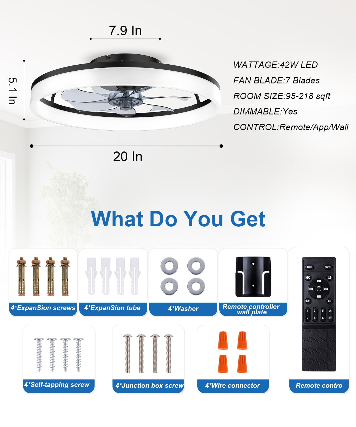 Ceiling Fans with Lights and Remote, 20" Fandelier Ceiling Fan Flush Mount, 3000K-6500K Smart Bladeless LED Fan Light, Modern Low Profile Ceiling Fan with Light for Bedroom, Kids Room and Living Room.