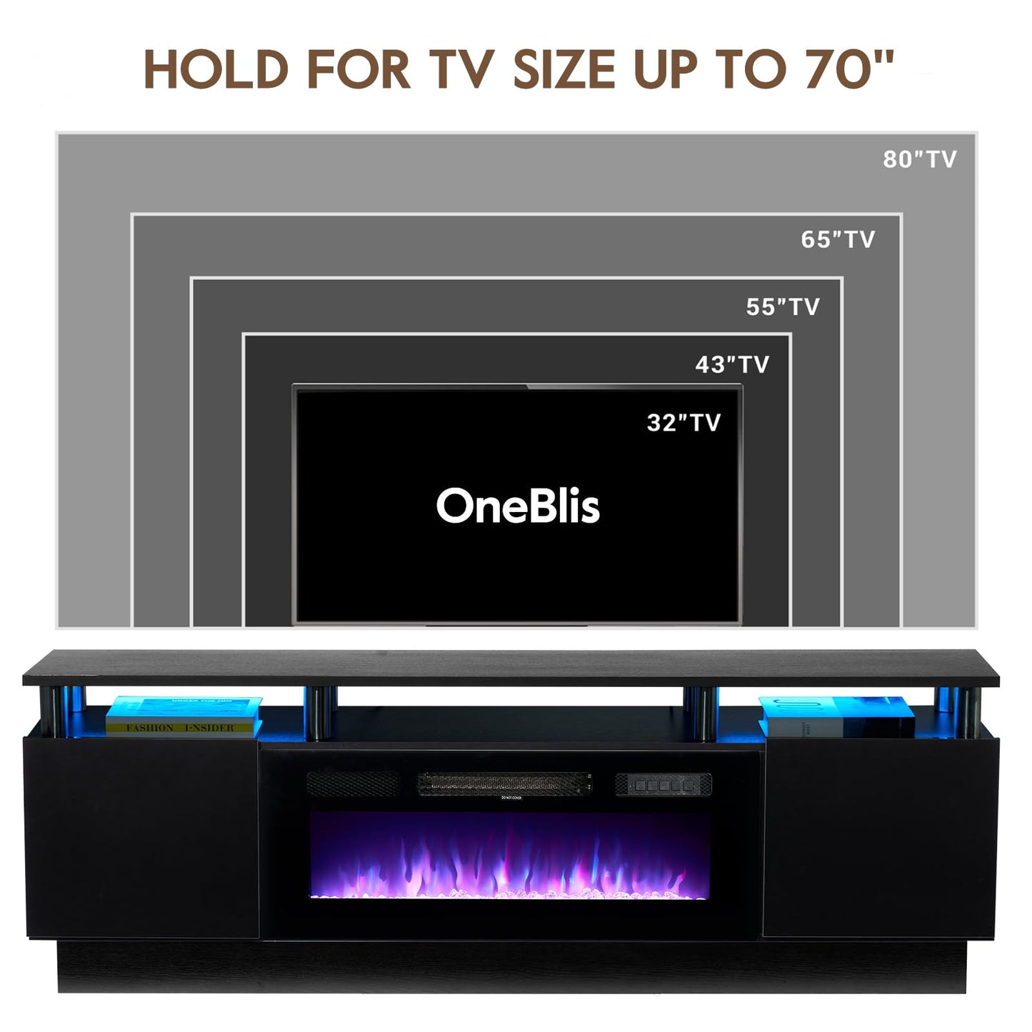 OneBlis 70" TV Stand for Living Room, Modern Entertainment Center & Media Console, Fits TVs up to 80", Storage Cabinet with Shelves, 36" Electric Fireplace with LED Flame (All Black)