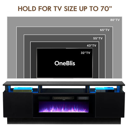 OneBlis 70" TV Stand for Living Room, Modern Entertainment Center & Media Console, Fits TVs up to 80", Storage Cabinet with Shelves, 36" Electric Fireplace with LED Flame (All Black)